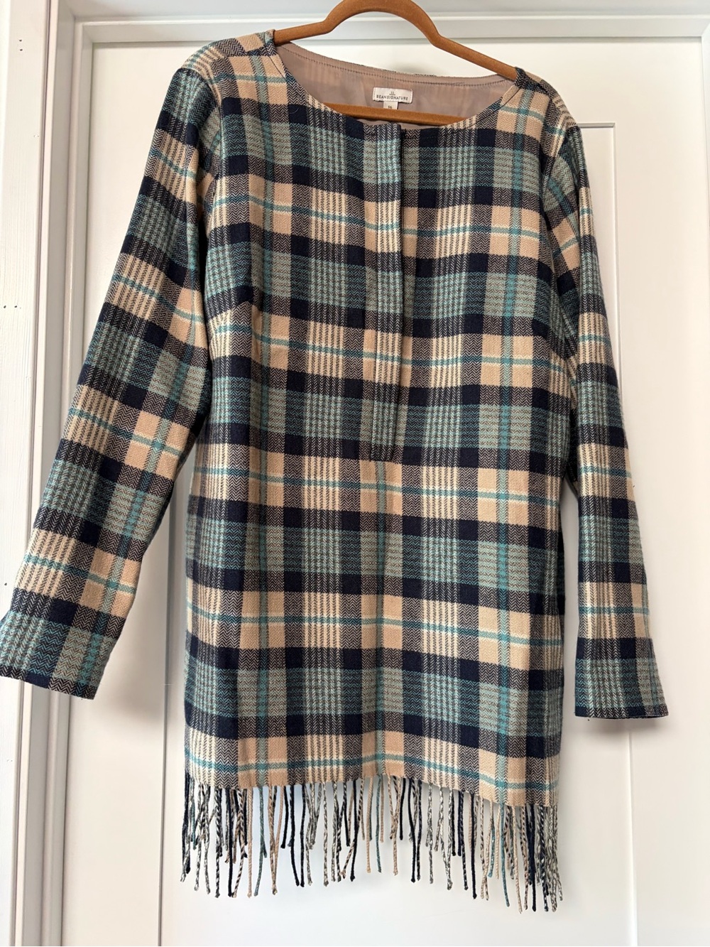 LL Bean signature Plaid Fringe Tunic Coat - Navy, Teal & Cream
